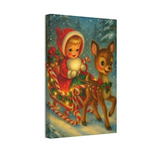 VINTAGE CHRISTMAS Holiday Shopper Wall Art - Lefton Japan - Girl in Sleigh with Reindeer Ceramic Figurine, Kitschy Reindeer, Vintage Holiday