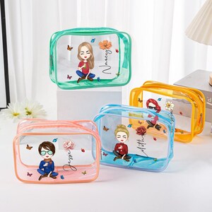 Personalized Cartoon Girl Makeup Bag with Name Custom Birth Flower Clear Cosmetic Pouch Waterproof Birthday Gift for Her