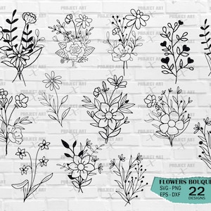 Boeket svg bundel, wilde bloemen svg, bloemen svg png hand getrokken, bloemen svg, botanische svg, minimalistisch boeket svg, veldplanten svg, planten