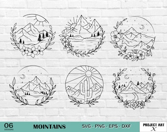 Mountain Svg, Nature landscape Svg, Mountain Clipart, Moon svg, Flowers svg, Desert Scene Svg, Sun PNG, Flower wreath Svg,travel svg, vector