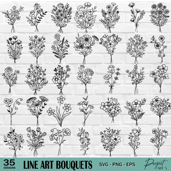 Bouquet svg bundle, flowers svg png hand drawn, floral svg, wildflowers svg, minimalist bouquet svg, botanical svg, field plants svg