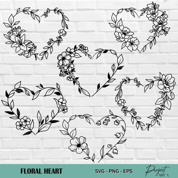 Couronne de cœur floral svg, cadre de bouquet d’amour png, clipart de la Saint-Valentin, fichier papercut de coeur de fleur, clipart numérique