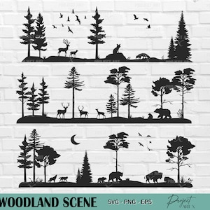 Waldszene geschnitten, Tier im Wald, Fichtenwald, Natur, Wald Clipart, Hirschfamilie, Bär, Waldsilhouette