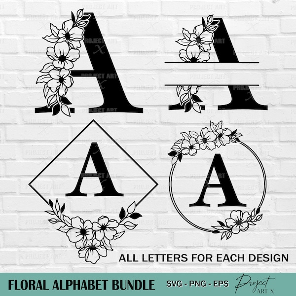 Floral alphabet svg, split monogram svg, flower alphabet svg, floral wreath svg, alphabet svg, last name svg, monogram letter svg, png