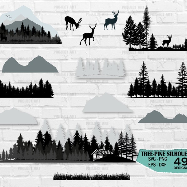 Forest SVG, Pine Tree Silhouette SVG Bundle, pine trees, Mountain svg for Cricut, tumbler wrap sublimation, Tree Line svg, camping, mountain