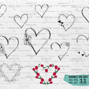 Pacote SVG de coração Doodle, pacote SVG de coração, esboço, svg de coração desenhado à mão, svg de coração floral, svg de moldura de nome, pacote SVG de moldura de coração floral