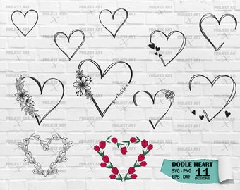 Doodle Heart SVG Bundle, Heart SVG Bundle, Sketch, Hand-drawn Heart svg, floral Heart svg, Name Frame svg, Floral Heart Frame SVG Bundle