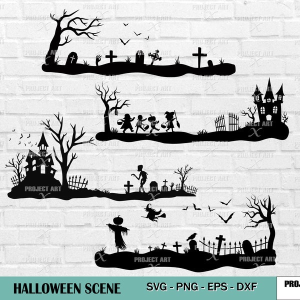 Halloween scene Svg, Halloween Decoration, Scary graveyard Svg, Haunted house Svg, Halloween costume party SVG, Pumpkin silhouette, Wall Art