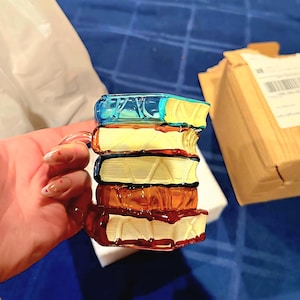 Painted Book Mug, 3D Glass Coffee Cup, Book Stack Design