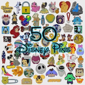 May include: A collection of 50 Disney pins featuring various characters and designs. The pins include characters like Donald Duck, Mickey Mouse, and Cinderella, with the text "Disney Pins" and "50" prominently displayed.