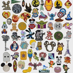 May include: A collection of colorful enamel pins featuring various cartoon characters and icons. Includes pins of Mickey Mouse, Iron Man, Stitch, and other Disney and Marvel characters. The pins are in various shapes and sizes.