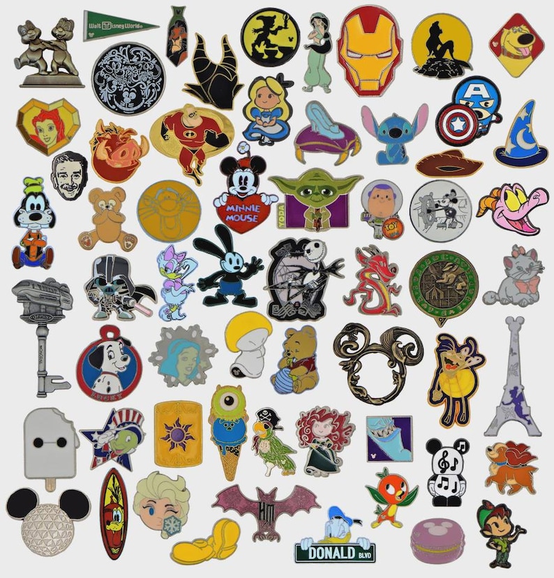 May include: A collection of colorful enamel pins featuring various cartoon characters and icons. Includes pins of Mickey Mouse, Iron Man, Stitch, and other Disney and Marvel characters. The pins are in various shapes and sizes.