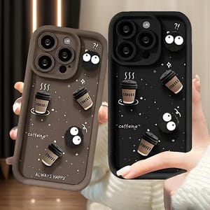Niedliche 3D Kaffee Kohle Ball Cartoon Silikonhülle für iPhone 15 14 13 12 11 Pro Max - Kawaii Cover für Mädchen