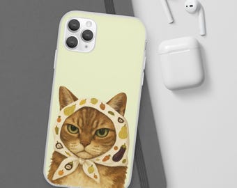 Playful Cat Phone Case: Fruit Scarf, Artistic Feline Design