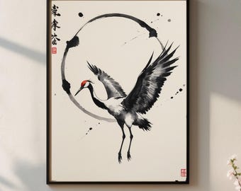Fliegender Kranich Zen-Tintendruck - Minimalistisches asiatisches Vogel-Kunstwerk, Japandi-Wanddekoration