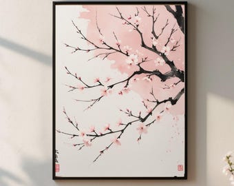 Impressão em tinta de flor de cerejeira – Arte floral japonesa Sakura, decoração zen de primavera