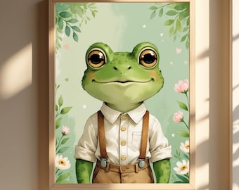 Whimsical Frog Nursery Art Print, Cute Frog Wall Art for Baby Room, Boho Woodland Animal Poster, Digital Download