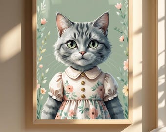 Whimsical Cat Art Print, Colorful Abstract Cat Poster for Kids Room, Digital Download