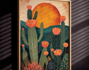 Scandinavische volkskunstprint, woestijncactus muurkunst, kleurrijke botanische poster, zonsondergang woestijnlandschap, afdrukbaar wanddecor