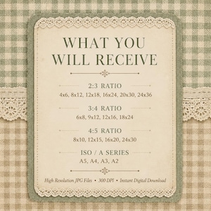 Op de afbeelding: Een rechthoekig informatiebord met een cr&egrave;mekleurig midden en een saliegroene gingham-rand, afgewerkt met kant. De tekst luidt: WHAT YOU WILL RECEIVE, 2:3 RATIO, 3:4 RATIO, 4:5 RATIO, ISO / A SERIES, en High Resolution JPG Files 300 DPI.