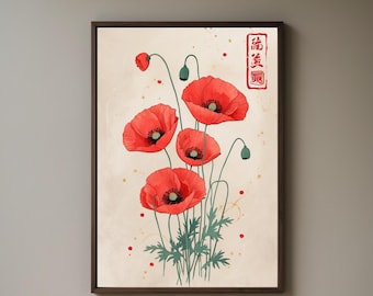Japanese Floral Print, Poppy Flower Artwork (Digital Download)