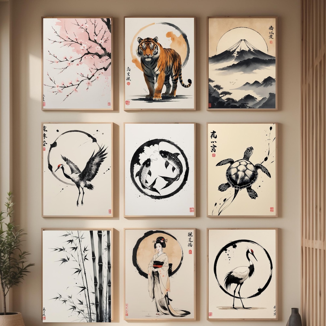Japanese Ink Wall Art Bundle, Zen Japandi Animal & Nature Prints, 9 ...