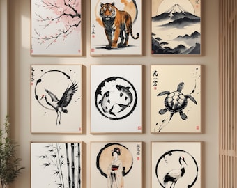 May include: Nine framed art prints with Japanese-inspired illustrations. The prints feature cherry blossoms, a tiger, a mountain landscape, a crane, koi fish, a turtle, bamboo, a geisha, and another crane. Each print has a minimalist style with a neutral color palette.