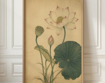 Japanese Lotus Wall Art, Vintage Botanical Print, Traditional Ukiyo-e Flower Poster, Neutral Home Decor