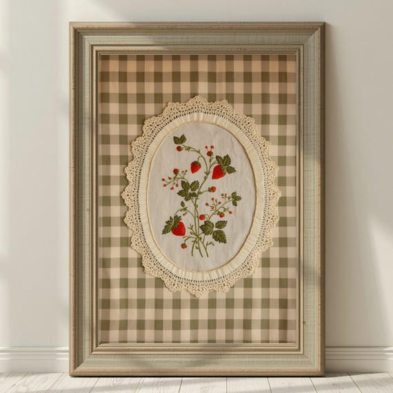 Vintage Strawberry Botanical Print, Cottagecore Wall Art, Farmhouse Gingham Decor, Shabby Chic Digital Download