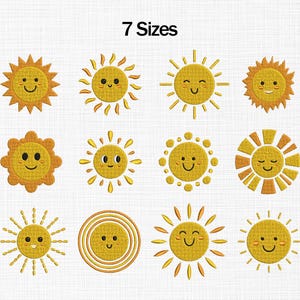 May include: Seven embroidered sun designs with smiling faces in various styles. The suns are yellow and orange, with different ray patterns and expressions. The text "7 Sizes" is displayed above the designs.