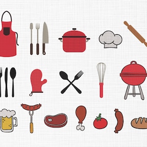 Puede incluir: Ilustración de artículos de cocina y barbacoa. Incluye un delantal rojo, utensilios, una olla, un gorro de chef, un rodillo, un guante de horno, un batidor, una barbacoa y alimentos como bistec, salchichas y cerveza. Rojo, negro y marrón.