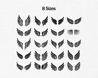 May include: A collection of twenty black graphic illustrations of angel wings arranged in a grid, featuring various shapes and feather patterns. The text "8 Sizes" is printed in black at the top center against a white textured background.