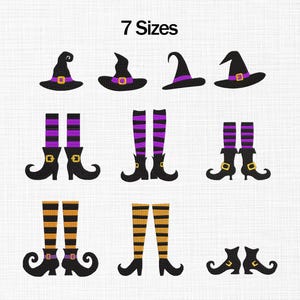 May include: A collection of Halloween-themed embroidery designs. The designs include witch hats with purple bands and gold buckles, and witch legs with striped stockings in purple and gold, and black shoes.