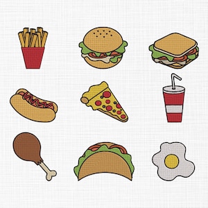 Fast Food Embroidery Design, Burger, Pizza, Hotdog, Sandwich, Fries, Drink, Chicken Embroidery Design Food Embroidery Junk food 5 Sizes
