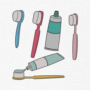 May include: An illustration featuring dental hygiene items. There are three toothbrushes in blue, red, and pink, and two tubes of toothpaste, one upright and one squeezed onto a yellow toothbrush. The toothpaste tubes are grey and teal.