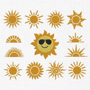 Puede incluir: Un conjunto de 10 diseños de bordado diferentes de sol y amanecer. Los diseños incluyen un sol con gafas de sol, un sol tradicional con rayos, un medio sol y un amanecer.