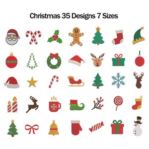 May include: A collection of 35 Christmas-themed designs in various sizes. The designs include Santa Claus, candy canes, gingerbread men, Christmas trees, stockings, ornaments, wreaths, reindeer, gifts, snowflakes, and a snowman.