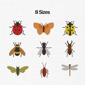 May include: A digital embroidery design set featuring nine distinct insects including a red ladybug, orange butterfly, yellow ladybug, bee, fly, beetle, moth, cockroach, and dragonfly. The text 8 Sizes is centred at the top of the grid.