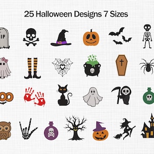 Könnte beinhalten: Eine Sammlung von 25 Halloween-Designs in 7 Größen. Die Designs umfassen einen Grabstein, Totenkopf und gekreuzte Knochen, einen Hexenhut, einen Kürbis, Fledermäuse, ein Skelett, einen Geist, ein Spinnennetz, einen Kessel, einen Sarg, eine Spinne und mehr.