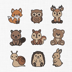 ベビーアニマル刺繍デザイン、ミニ木製アニマル刺繍、かわいい動物バンドル刺繍デザイン、キッズ刺繍ファイル5サイズのダウンロード
