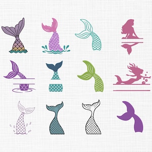 Può includere: Set di dieci file di taglio SVG di coda di sirena. Le code sono di vari colori, tra cui viola, verde acqua, verde e nero. Alcune code hanno squame, mentre altre sono solide.