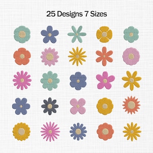 以下が含まれることがあります： 青、ピンク、黄色、オレンジなど、さまざまな色の25種類の刺繍の花のデザインのコレクション。「25 Designs 7 Sizes」というテキストが上部に表示されています。花はテクスチャ加工が施されており、行に配置されています。