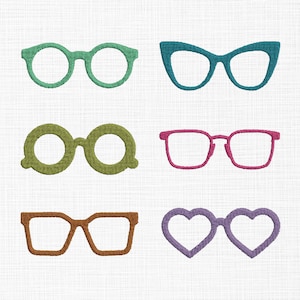 May include: An assortment of six pairs of eyeglasses in various shapes and colors. The glasses include round, cat-eye, square, and heart-shaped frames in shades of green, teal, olive, pink, brown, and purple. The frames are embroidered.