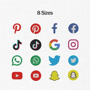 Op de afbeelding: Een verzameling van zestien social media iconen gerangschikt in een raster, met logo's voor Pinterest, Facebook, TikTok, Google, Instagram, WhatsApp, Twitter, YouTube en Snapchat. De tekst 8 Sizes staat gecentreerd bovenaan de afbeelding.