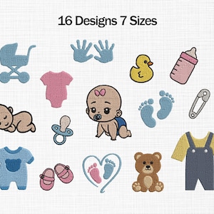Könnte beinhalten: Eine Sammlung von 16 Baby-Designs in 7 Größen. Die Designs umfassen einen Kinderwagen, Babyhände, einen Baby-Body, ein Baby, einen Schnuller, Babyfüße, eine Babyflasche, eine Sicherheitsnadel, ein Baby-Shirt, Babyschuhe, ein Herz mit Babyfüßen, einen Teddybären und eine Latzhose.