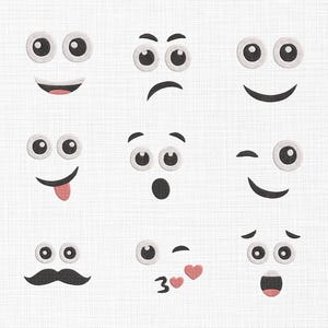 May include: Nine different embroidered cartoon faces with various expressions, including happy, sad, surprised, and winking. Each face has two large eyes and a mouth.