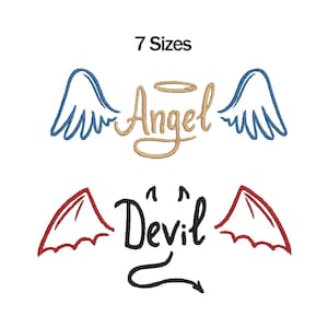 Puede incluir: Diseños bordados de un ángel y un diablo con alas. La palabra "Ángel" está en oro con un halo, y la palabra "Diablo" está en negro con una cola. El texto "7 Tallas" está en la parte superior.