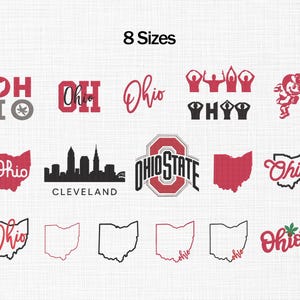 May include: A collection of fifteen red, black, and grey graphic designs featuring the text 8 Sizes at the top. The graphics include various Ohio state outlines, the word Ohio in different fonts, a Cleveland skyline, and Ohio State University logos.