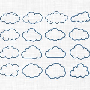 May include: A collection of sixteen embroidered cloud designs in various shapes and sizes. Each cloud is outlined in a dark blue thread against a white fabric background. The designs are evenly spaced.