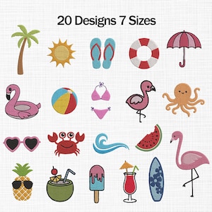 May include: A collection of 20 embroidered summer-themed designs in 7 sizes. The designs include a palm tree, sun, flip-flops, life preserver, umbrella, flamingo, beach ball, bikini, octopus, sunglasses, crab, wave, watermelon, surfboard, and ice cream.
